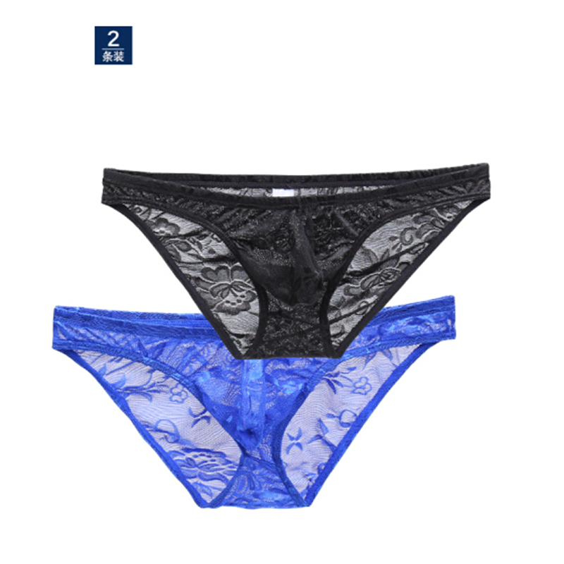 2条装 男士三角内裤 蕾丝花纹透明透气低腰u凸性感时尚男内裤 蓝色