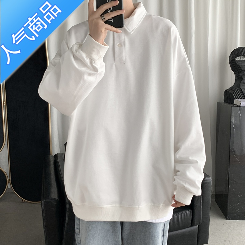 喻娄polo衫t恤男长袖春秋ins港风宽松高街打底衫潮牌衣服秋季圆领卫衣T恤