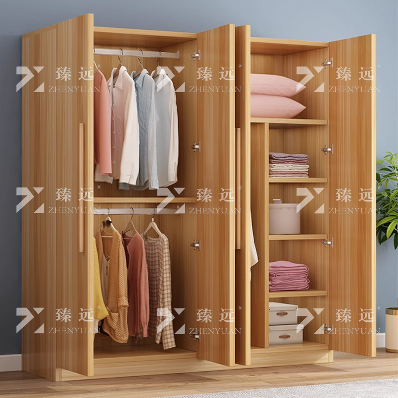臻远 ZY4022323简约木质衣柜衣服收纳柜 浅胡桃色四门