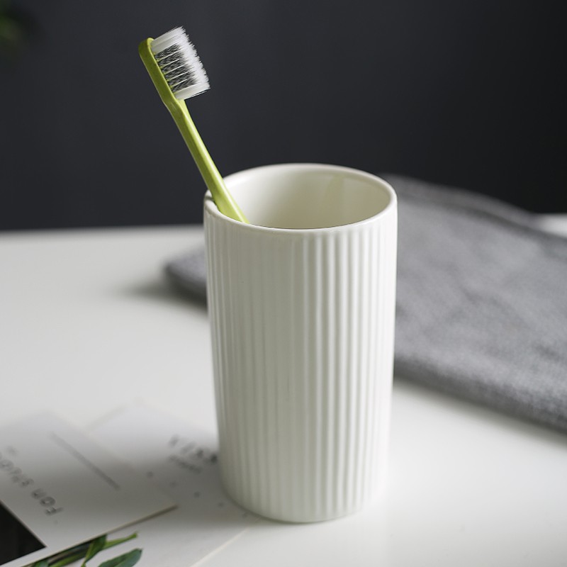 牙刷杯北欧ins风漱口杯套装简约现代情侣洗漱杯创意陶瓷家用 一对 三维工匠 白色旋纹，单杯