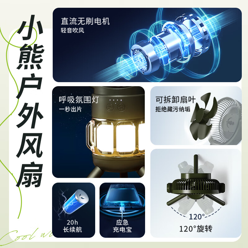 小熊电风扇 户外摇头露营充电款带夜灯三脚架可倒挂风扇 HFS-A05C5高清大图