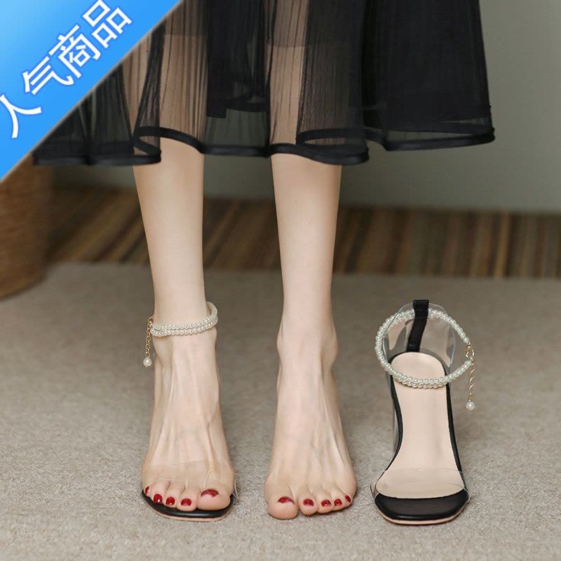 SUNTEK法式气质珍珠凉鞋女夏季粗跟水晶鞋温柔仙女风伴娘鞋不累脚高跟鞋图片