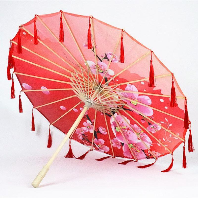 古风女和服伞拍照道具伞跳舞伞舞蹈伞古典汉服伞防雨防晒伞古装伞 白 纯色伞+红流苏 84cm 半穿加纱
