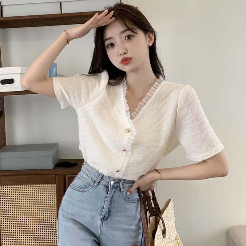 法式小众设计感杏色上衣女木耳边V领气质显瘦衬衫图片