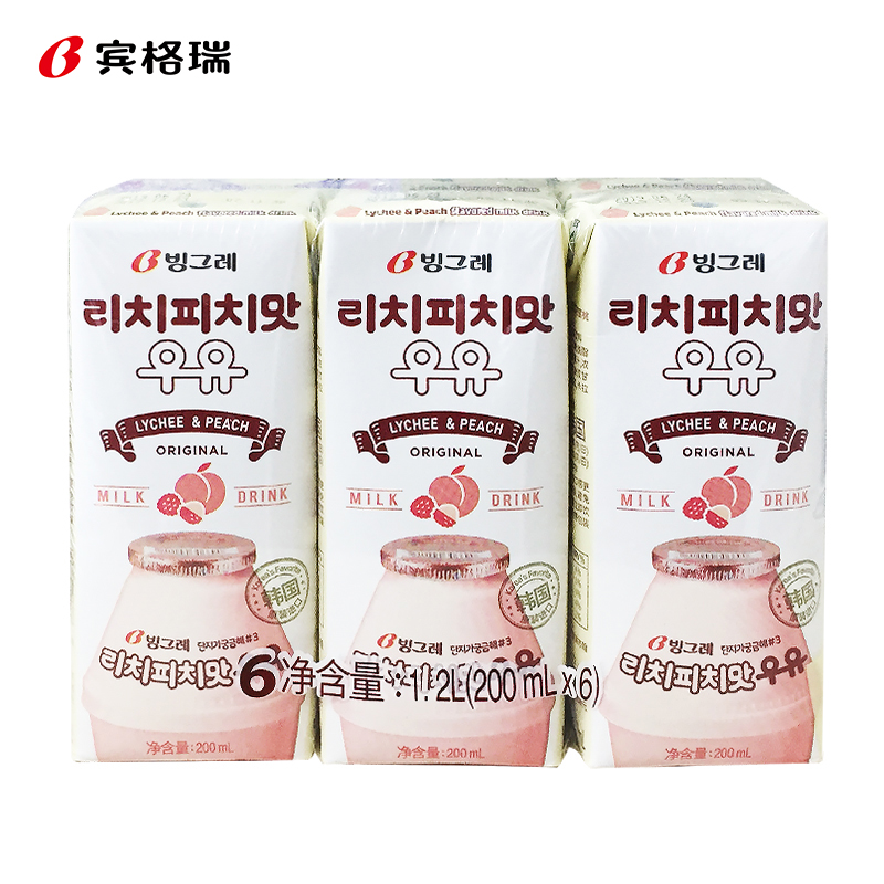 韩国进口 宾格瑞荔枝蜜桃味牛奶饮料 200ml*6 香滑口感