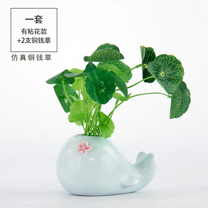景德镇陶瓷创意花器海豚造型儿童家用多肉花盆禅意装饰插花摆件 三维工匠 粘花款+两支铜钱草