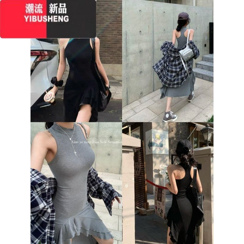 YIBUSHENG灰色荷叶边修身背心连衣裙女季气质无袖中长款开叉收腰包臀裙子图片