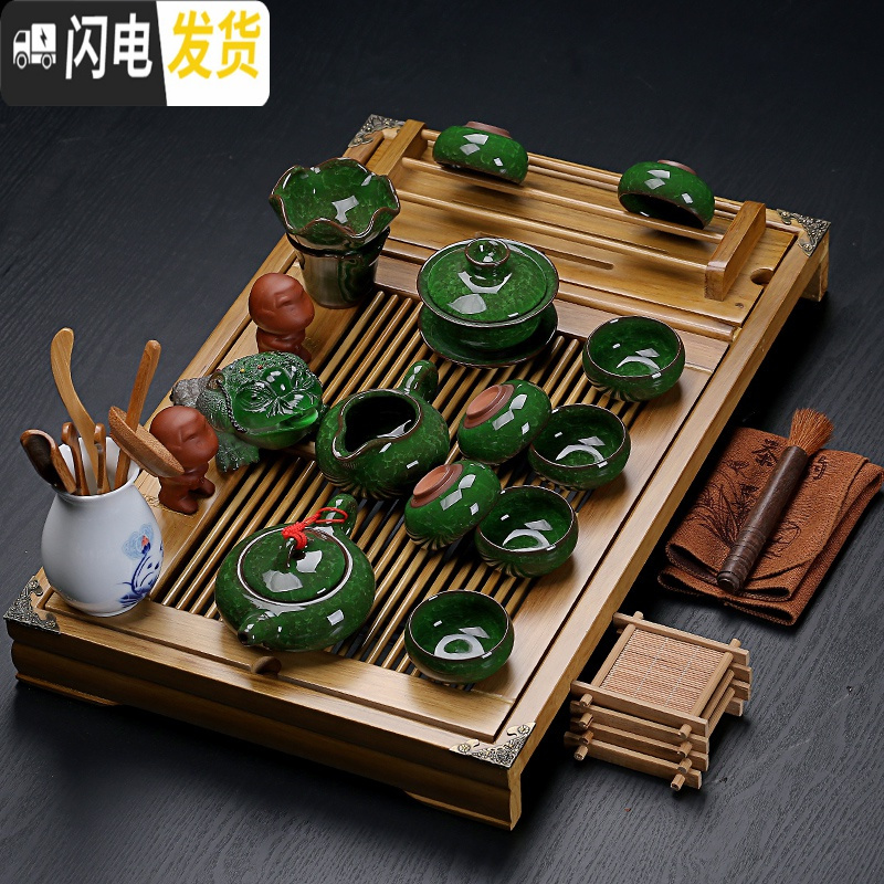 三维工匠紫砂陶瓷功夫茶具家用套装大号实木杯架排水茶盘茶台茶道配件整套 橡木诗句+咏竹紫砂 24件