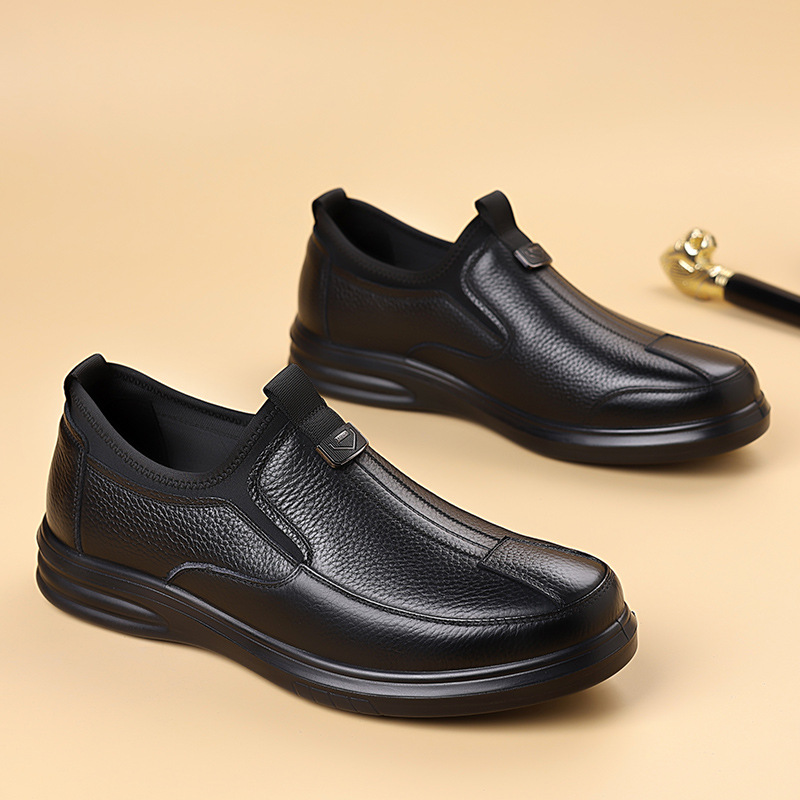 皮鞋男士牛皮一脚蹬头层牛皮中年休闲防滑软底驾车爸爸鞋乐福鞋男_13462高清大图