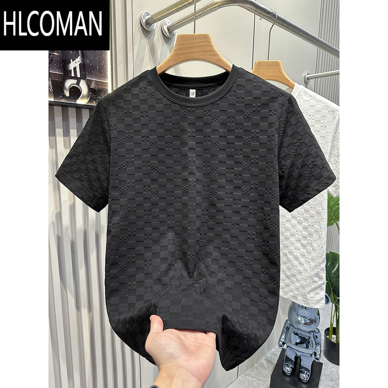 HLCOMAN2025高级感欧货格子花纹短袖衫男轻奢气质纯色休闲圆领T恤上衣夏