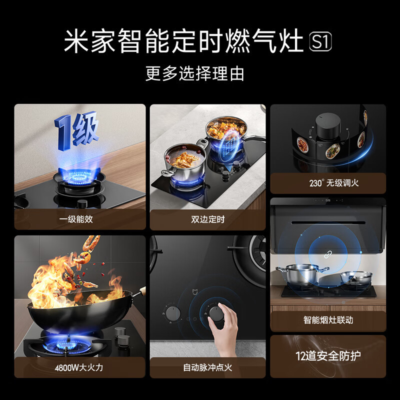 米家小米燃气灶S1煤气灶具双灶家用液化气4.8kW猛火 智能双边定时 底座可调节JZY-MJ04CY(液化气)
