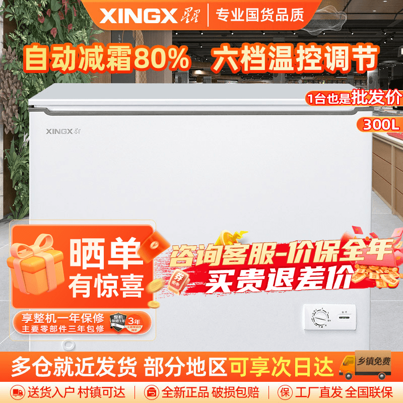 星星(XINGX)BD/BC-300JKE家用商用大容量冷藏冷冻转换单温卧式冰柜厨房商用保鲜设备微霜预涂内胆冰柜
