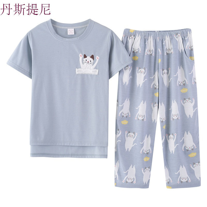 韩版睡衣女夏可爱套装纯棉短袖七分裤中裤清新宽松学生两件套外穿