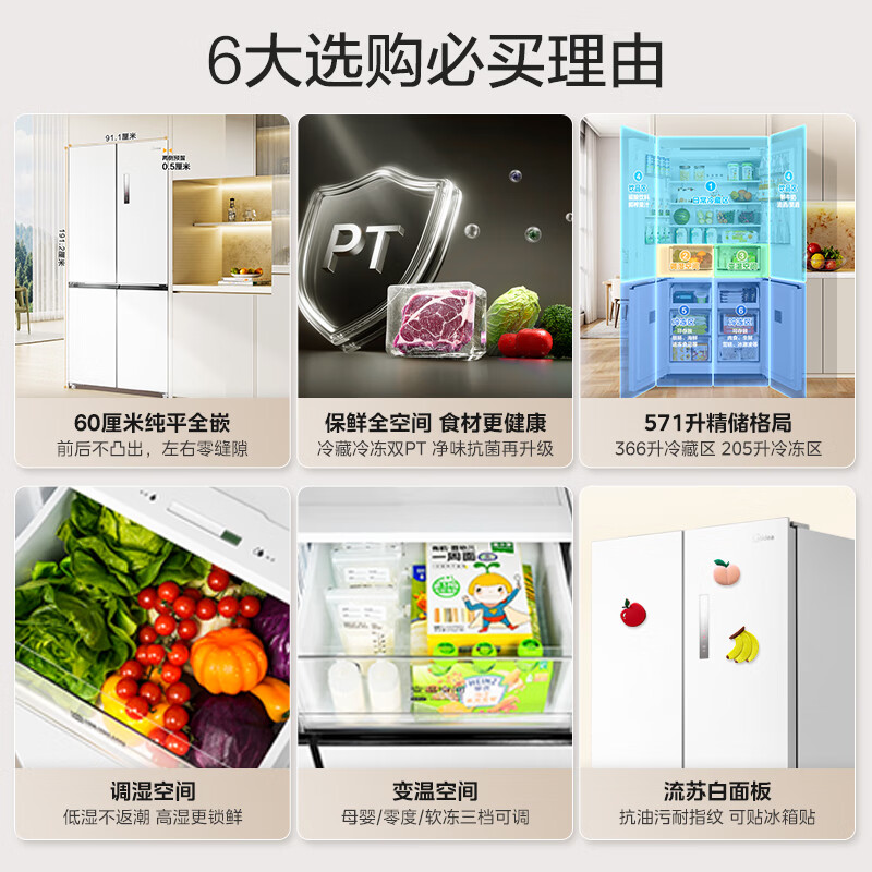 [自营]美的冰箱571升十字无缝平嵌双变频一级能效净味抗菌干湿分储冰箱BCD-571WUSPZM(E) 流苏白高清大图