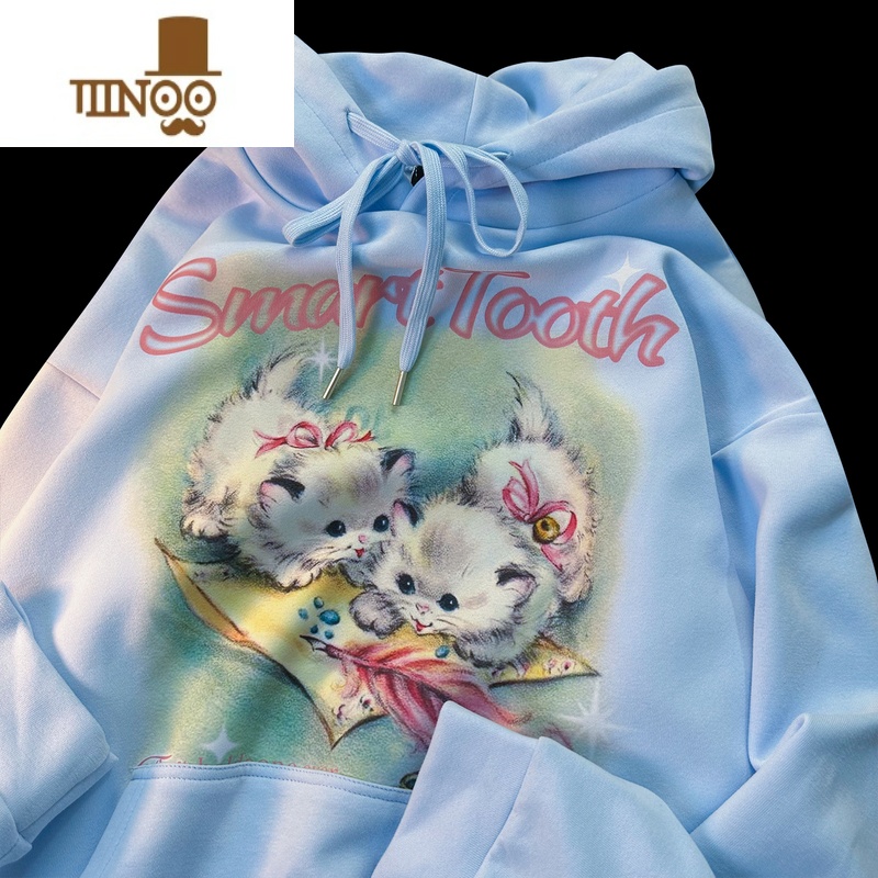 YANXUCURPOPP 甜美小猫咪连帽卫衣男早秋奶系oversize宽松情侣上衣高清大图