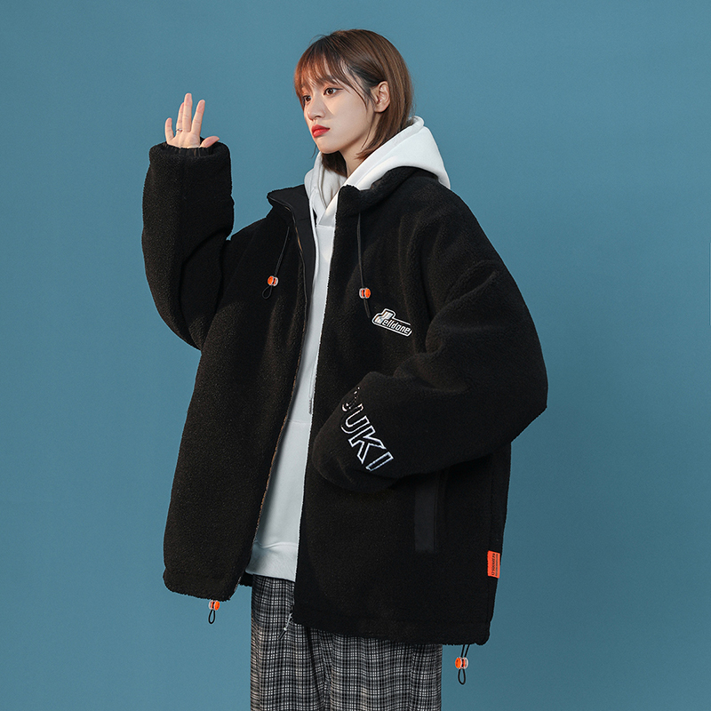 DEBRAND棉衣女2021冬季新款韩版简约ins潮刺绣加厚防寒羊羔绒外套