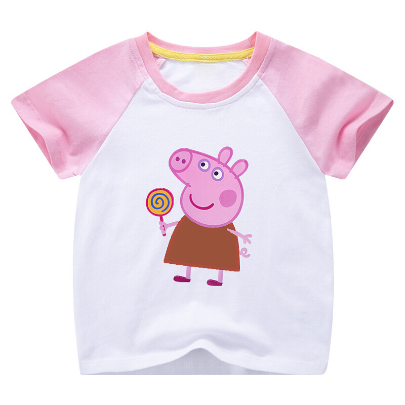 女童小猪佩奇短袖t恤男童儿童装佩琪琦t桖血上衣服宝宝佩奇乔治白拼