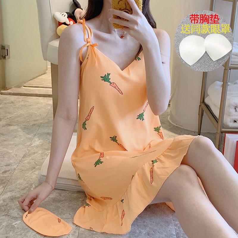 [带胸垫]睡衣女夏学生韩版可爱性感吊带睡裙夏带胸垫女款家居服 吊带小白兔无胸垫 L