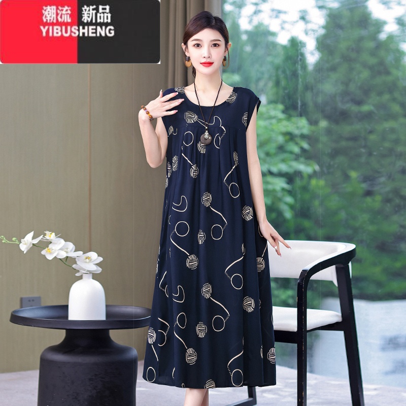 YIBUSHENG2024年新款季中老年妈妈装棉绸连衣裙女长款加肥加大码宽松裙子高清大图