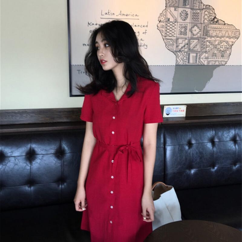 夏季韩范宽松单排扣v领衬衫裙复古红系带短袖连衣裙女复古红