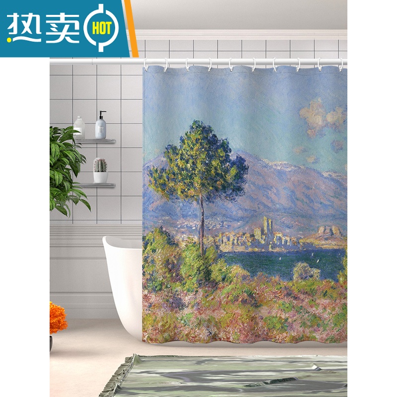 XIANCAI免打孔莫奈油画防水浴帘客厅插画挂帘卫生间隔断浴室淋浴挡水高清大图