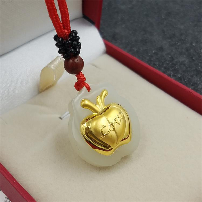 金镶玉和田玉镶3D硬金黄金苹果坠PTJWX5640送女朋友七夕情人节礼物