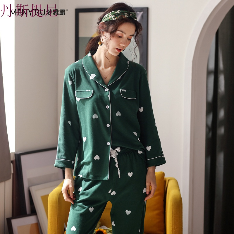 春秋季衬衫睡衣女纯棉长袖时尚女士可外穿家居服女夏薄款两件套装