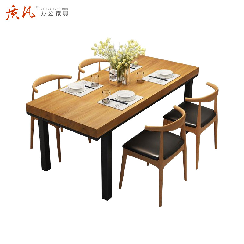 质凡工业风铁艺实木餐桌椅组合长方形休闲餐厅食堂饭馆小吃店桌椅