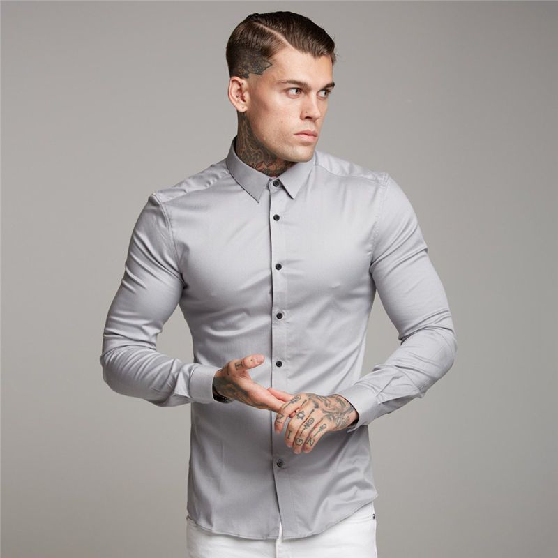 夏季显肌肉男衬衫长袖运动健身衣服修身弹性高弹力潮内搭免烫潮t