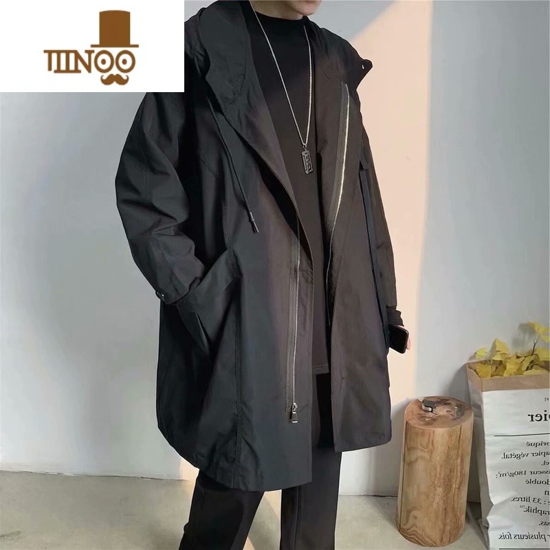 YANXU男士连帽风衣2023春季新款韩版修身薄款披风百搭休闲中长款外套男高清大图