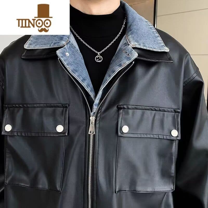 YANXU假PU皮衣外套男新款潮牌宽松牛仔夹克痞帅感休闲套装图片
