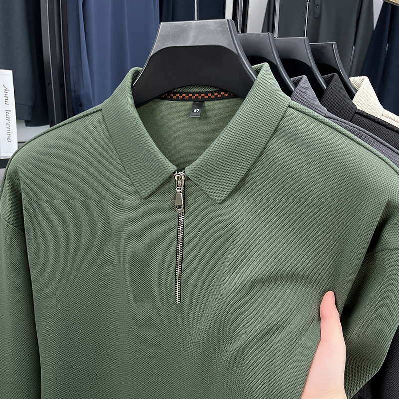 恒源祥翻领polo衫男士秋季中老年半拉炼长袖T恤爸爸休闲男装上衣