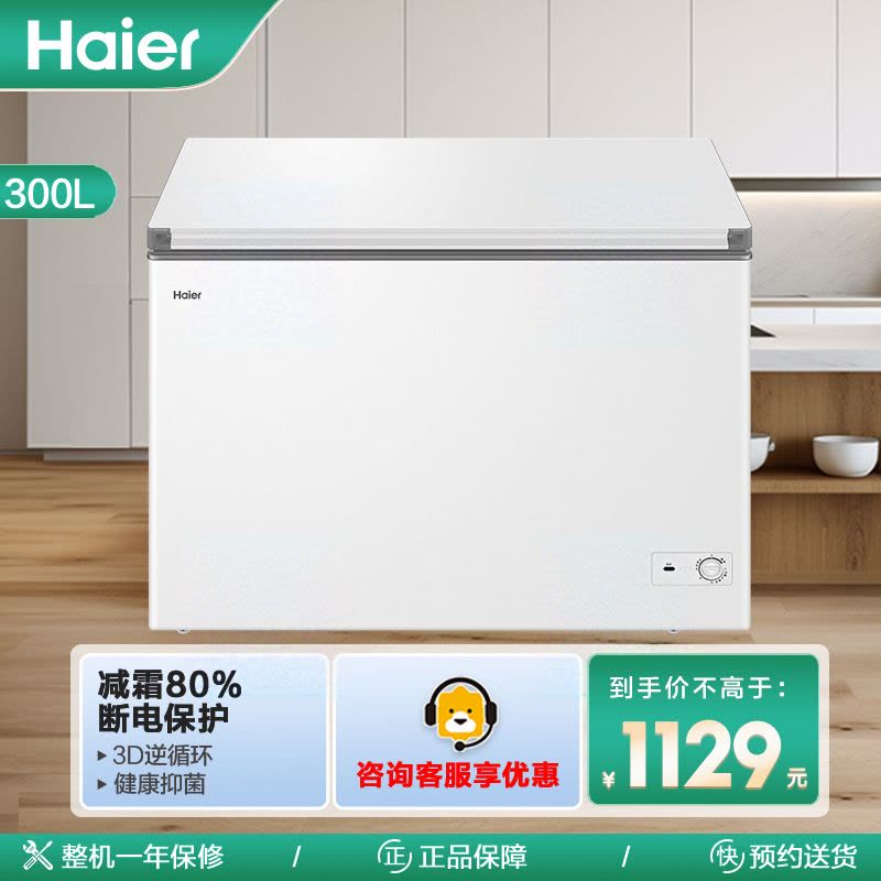 海尔(Haier)300升家用卧式冰柜冷柜小冰箱 专利减霜80% 1级能效 BC/BD-300GHPD图片
