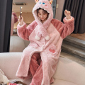 浪莎珊瑚绒睡衣女冬季新款可爱睡袍宽松加厚连帽可外穿家居服套装 L（适合100-120斤） 粉色怪兽套装【睡袍+裤子】