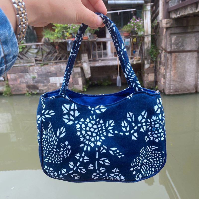 蜡染蓝印花布小布包买菜小拎包复古民族风时尚妈妈包手提包布袋女蓝色