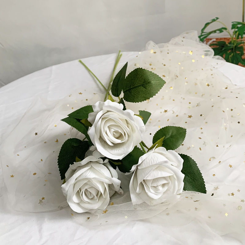 仿真玫瑰花珍珠绒布玫瑰花束干花假花家居装饰花客厅餐厅婚庆摆件 奶