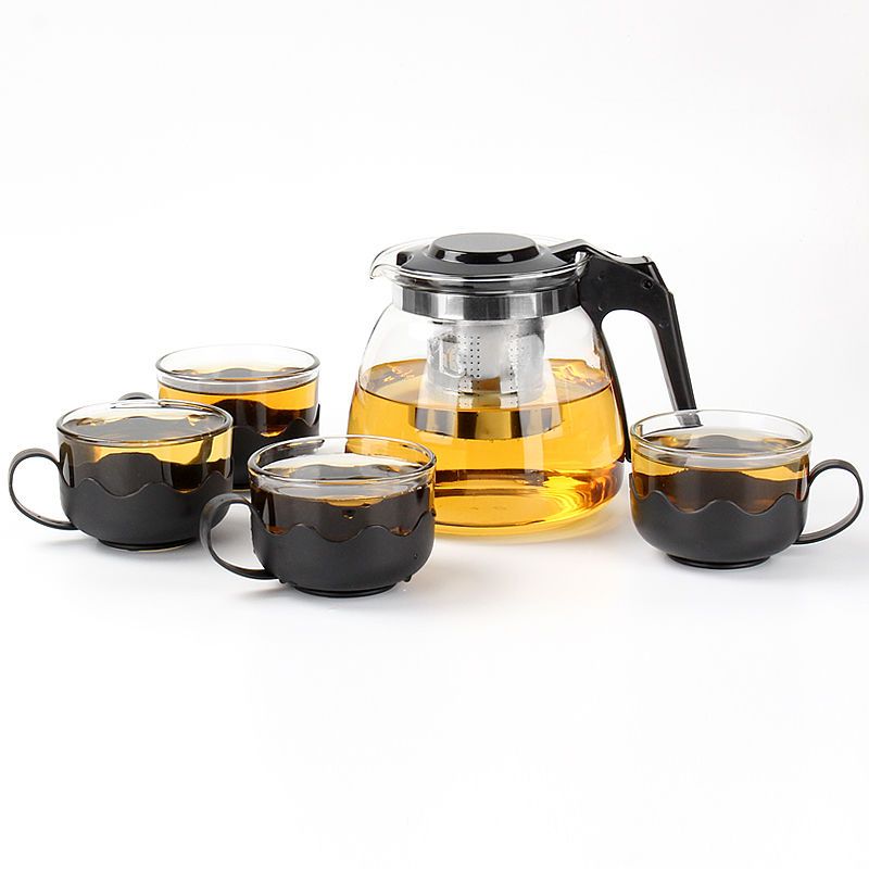 黑色1000ml壶+8只莲花杯 玻璃茶壶耐高温水壶家用茶具茶杯套装大容量泡花茶壶带过滤冲茶器