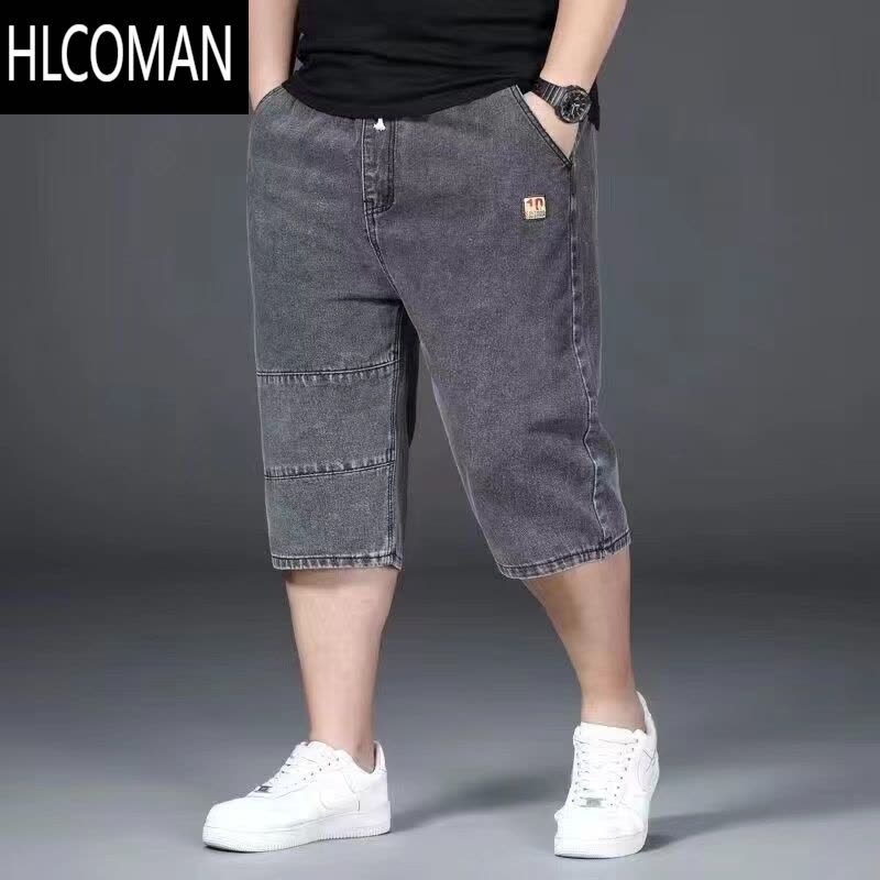 HLCOMAN弹力松紧腰牛仔短裤男夏季加肥加大码胖哥七分裤宽松肥佬中裤外穿图片