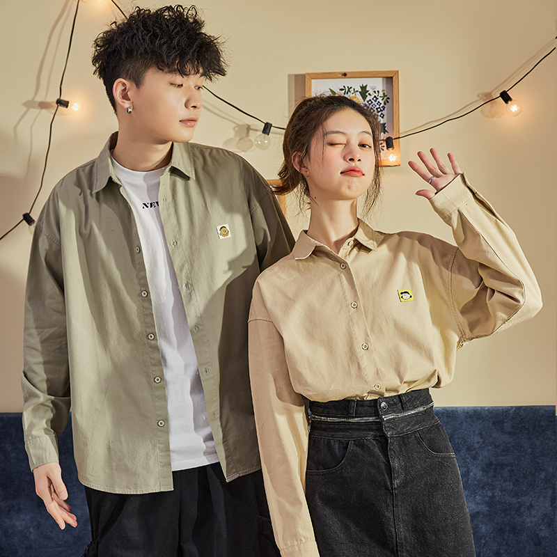 25折价73元还可叠券唐狮情侣装春季衬衫男女长袖全棉宽松学生衬衣休闲