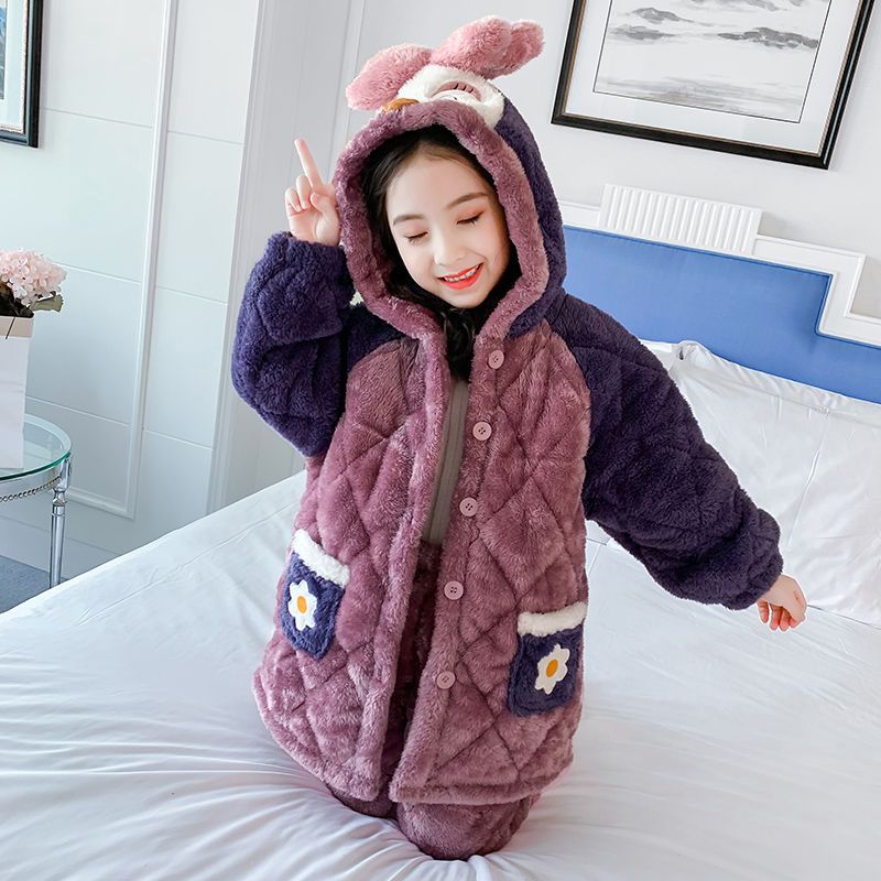 儿童睡衣女童冬季加绒加厚家居服法兰绒三层加棉中大童珊瑚绒冬装衫