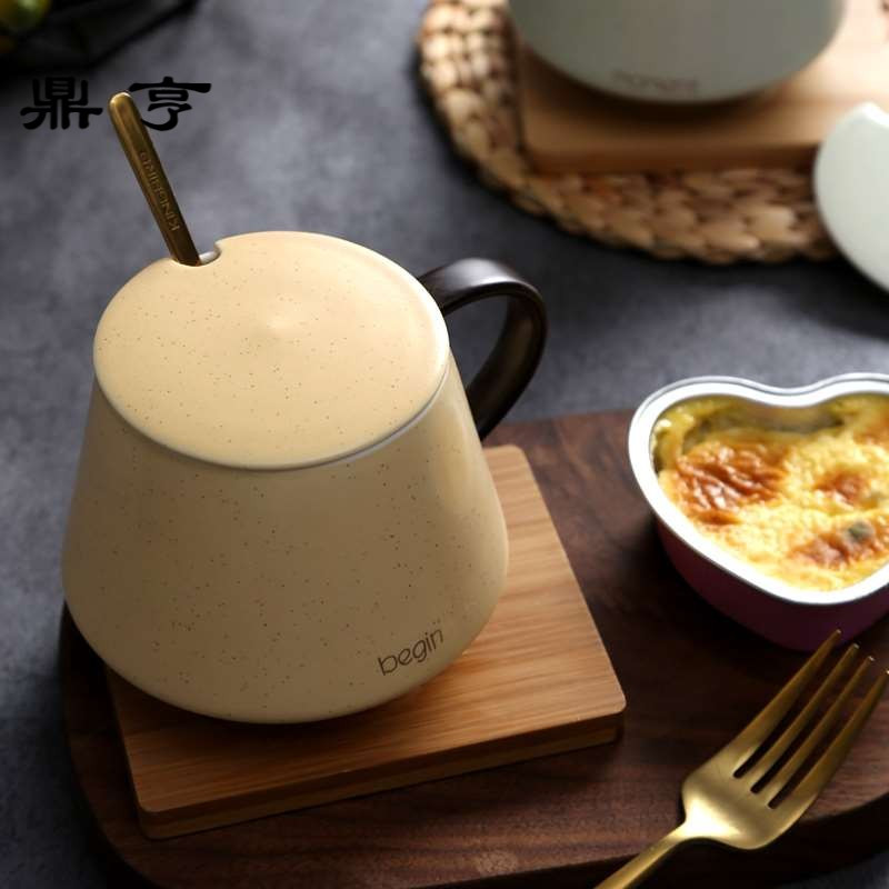 鼎亨早餐陶瓷杯子带盖带勺咖啡杯大容量马克杯情侣款一对水杯创意