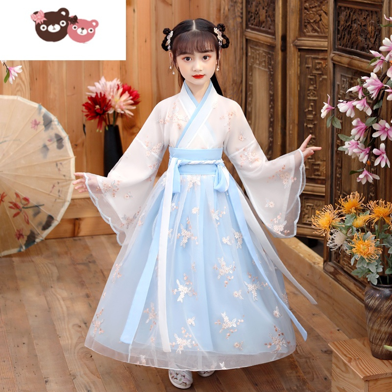 绿彩虹光汉服女童古装中国风连衣裙夏装儿童长袖古风襦裙超仙女孩童装