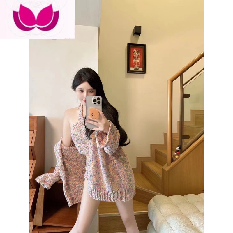 七斓网红同款23早春新品设计甜美辣妹针织三件套背心半身裙开衫套装织 L 三件套粉色