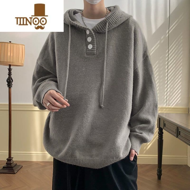 YANXU连帽毛衣男日系复古慵懒外套oversize戴帽子针织衫卫衣图片