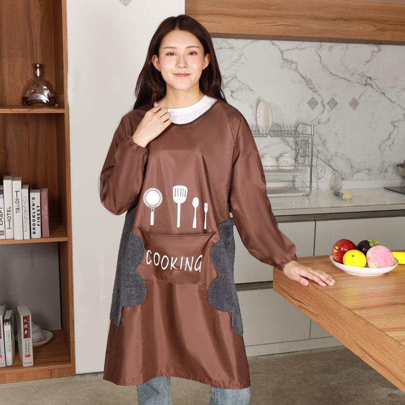 擦手围裙家用厨房护衣罩衣大人女外套带袖防水防油时尚工作服冬季