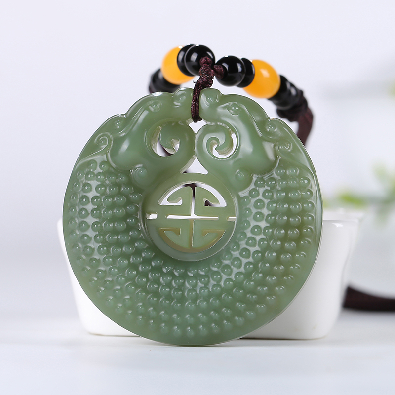 双龙守护新疆和田玉油青吊坠男女款玉佩青白玉生肖龙挂件玉坠