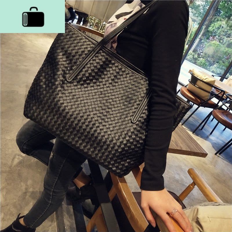 2020新款女包潮流韩版编织包女士托特包单肩包时尚手提包简约大包NEW LAKE 黑色编织大包女士单肩包图片