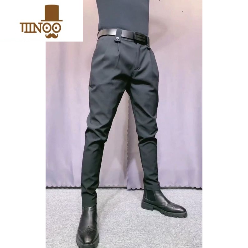 YANXU秋季百搭黑色长裤修身扎腰带散脚休闲裤韩版潮流小脚裤男直筒西裤高清大图