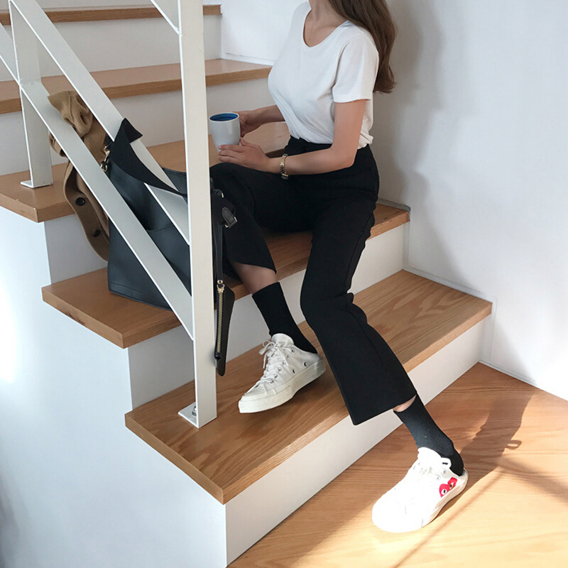 韩版春秋西装阔腿裤女九分裤直筒宽松百搭高腰chic休闲宽腿阔脚裤黑色[西装面料]直筒小阔腿