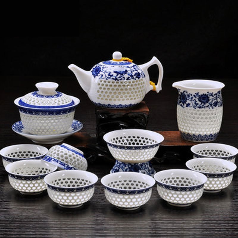 蜂窝玲珑茶具套装家用功夫镂空茶杯青花瓷礼盒陶瓷景德镇整套多色生活日用家庭清洁生活日用家居器皿水具/水杯